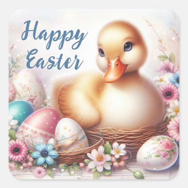 Easter Duck, Eggs and Flowers Square Sticker (Front)