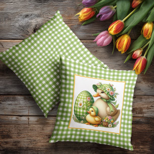 Easter Ducks Easter Egg & Flowers on Green Gingham Cushion
