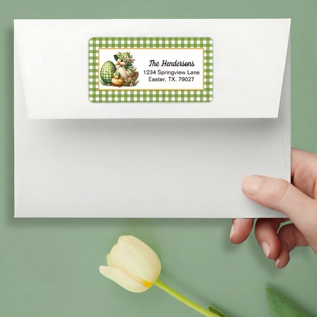 Easter Ducks Easter Egg & Flowers on Green Gingham Label (Creator Uploaded)