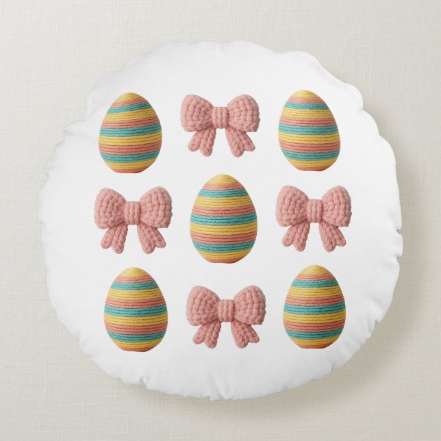 Easter Egg and Bows yarn Round Cushion (Front)
