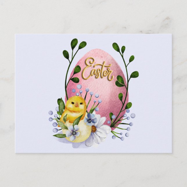 Easter Egg, Baby Chick and Spring Flowers  Postcard (Front)