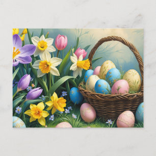 Easter Egg Basket and Spring Flowers  Holiday Postcard