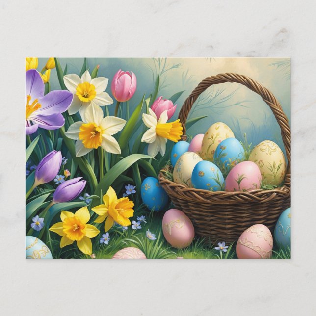 Easter Egg Basket and Spring Flowers  Holiday Postcard (Front)