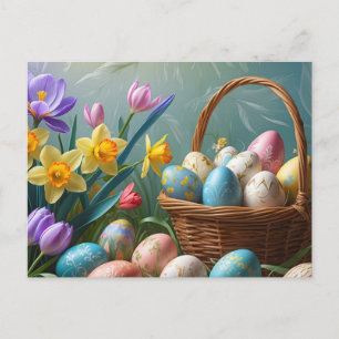 Easter Egg Basket and Spring Flowers Holiday Postcard