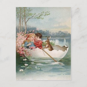 Easter Egg Bunny Boat Young Couple Landscape Holiday Postcard