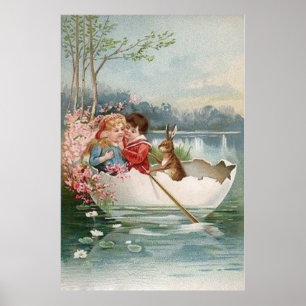 Easter Egg Bunny Boat Young Couple Landscape Poster