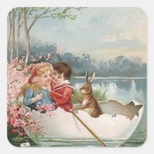 Easter Egg Bunny Boat Young Couple Landscape Square Sticker