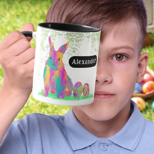 Easter Egg Bunny Personalised Name Mug (Personalized name cute colorful Easter bunny Egg Hunt Spring Brunch Garden party Mug)