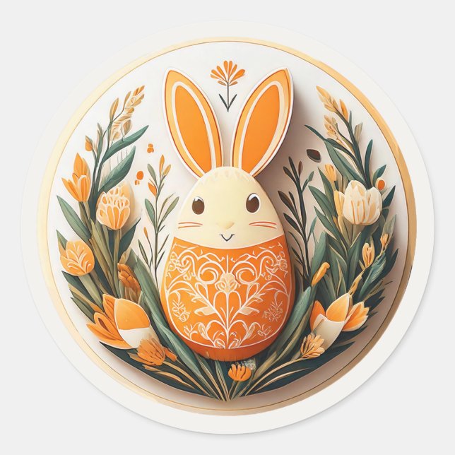Easter Egg Bunny Tulips Orange ID1084 Classic Round Sticker (Front)