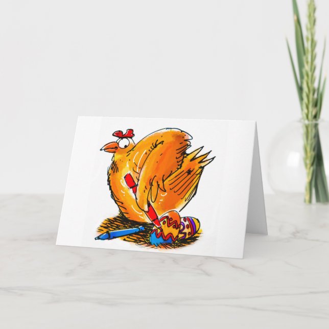 easter egg caricature chicken paints his own eggs holiday card (Front)