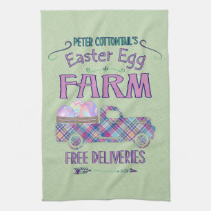 Easter Egg Farm Antique Truck Plaid Sign Tea Towel