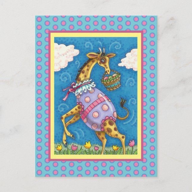 EASTER EGG GIRAFFE & SPRING TULIPS Cute Holiday Postcard (Front)
