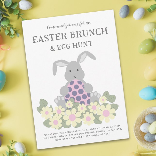 Easter Egg Hunt and Brunch Bunny Floral Invitation Postcard (Easter egg hunt spring brunch cute bunny pink daisy meadow floral garden party invitation)