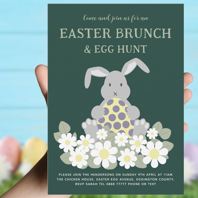 Easter Egg Hunt and Brunch Cute Bunny Floral Invitation (Easter brunch and egg hunt cute bunny floral invitation green yellow gray purple)