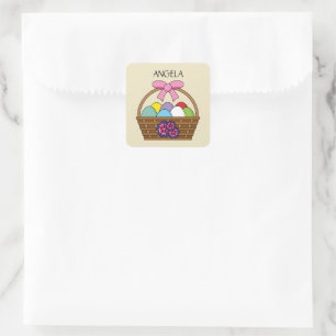 Easter Egg Hunt Basket w Pastel Eggs Personalise Square Sticker