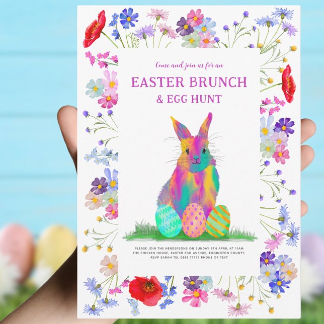 Easter Egg Hunt Brunch Colourful Bunny Floral Invitation (Easter brunch and egg hunt colorful bunny and wildflower floral invitation )