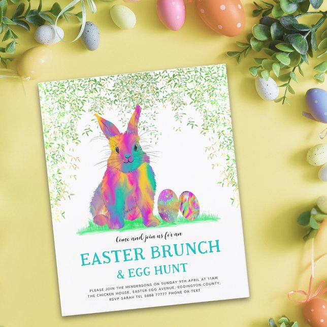 Easter Egg Hunt Brunch Colourful Cute Bunny Budget (Easter egg hunt spring brunch cute colorful watercolor Easter bunny garden party budget invitation)