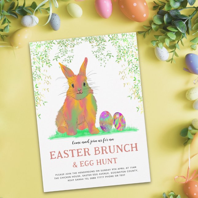 Easter Egg Hunt Brunch Colourful Cute Bunny Budget (Easter egg hunt spring brunch watercolor cute bunny and eggs garden party budget invitation)