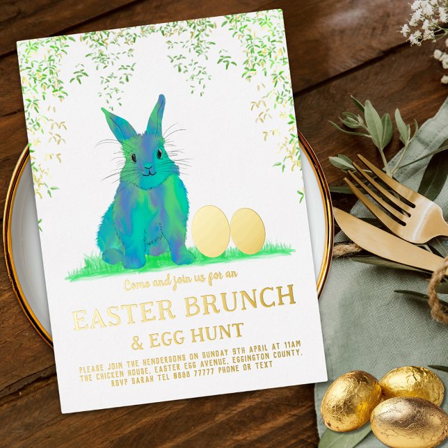 Easter Egg Hunt Brunch Cute Blue Bunny Gold (Modern Easter egg hunt spring brunch cute watercolor blue bunny golden eggs garden party invitation)