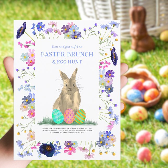 Easter Egg Hunt Brunch Cute Bunny Floral Invitation Postcard (Easter bunny egg hunt and bruch boho wildflower spring holiday party postcard )