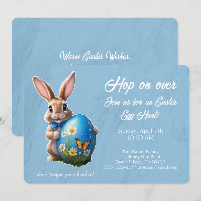Easter Egg Hunt Brunch Hop on Over Bunny blue - Invitation (Front/Back)