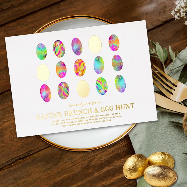 Easter Egg Hunt Brunch Watercolor modern Gold (Modern Easter egg hunt spring brunch colorful easter egg art garden party Gold Foil invitation)