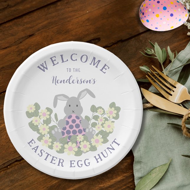 Easter Egg Hunt Bunny Floral Paper Plate (Easter egg hunt cute bunny floral spring party paper plates)