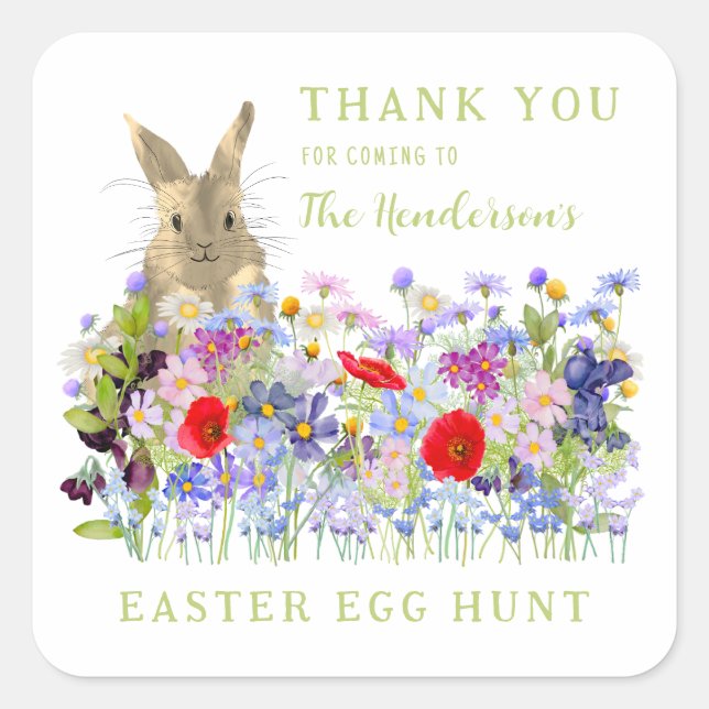 Easter Egg Hunt Bunny Floral Thank You Square Sticker (Front)