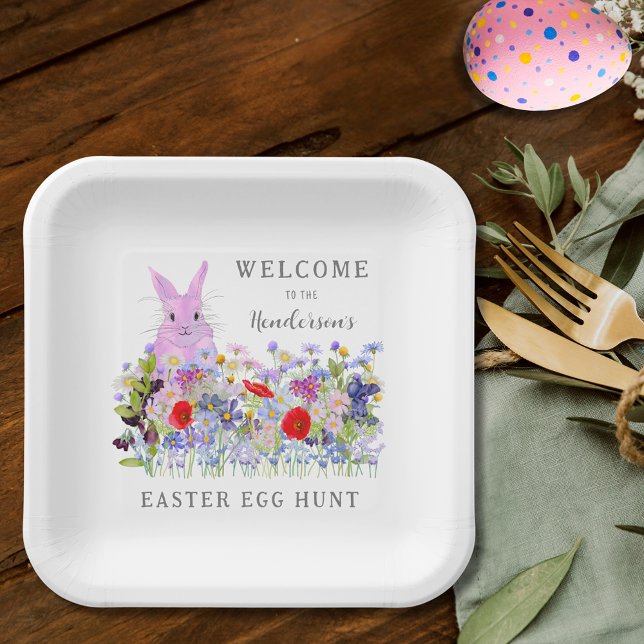 Easter Egg Hunt Bunny Floral Welcome Paper Plate (Personalized easter egg hunt cute pink bunny wildflower floral spring party paper plate)