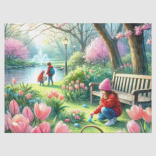Easter Egg Hunt Children and Pink Tulips Tissue Paper