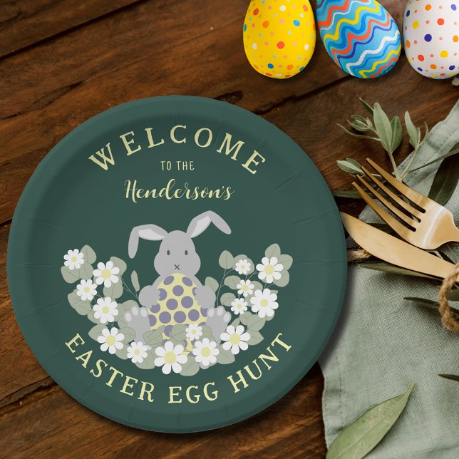 Easter Egg Hunt Cute Bunny Floral Paper Plate (Personalized family Easter brunch and egg hunt cute bunny floral spring party green paper plate)