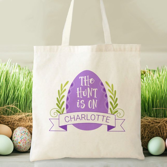 Easter Egg Hunt Cute Purple Tote Bag (A cute purple Easter egg hunt tote bag. Personalize it with your name.)
