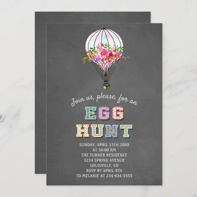 Easter EGG HUNT Floral Hot Air Balloon Invitation (Front/Back)