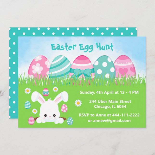 Easter Egg Hunt in Pink and Turquoise Blue Invitation (Front/Back)