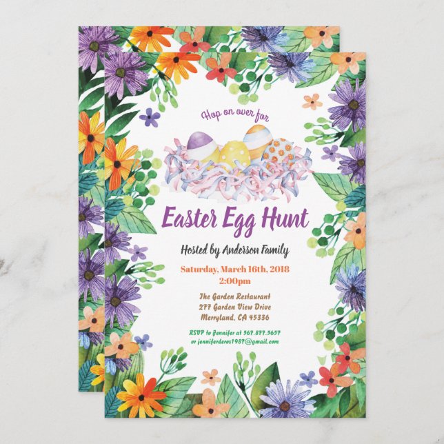 Easter egg hunt invitation. Purple flowers Invitation (Front/Back)