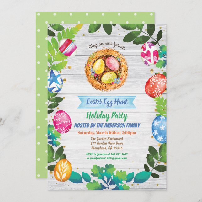 Easter egg hunt party invitation. Watercolor event Invitation (Front/Back)