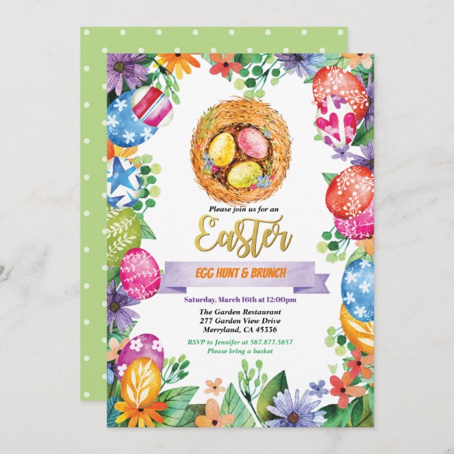 Easter egg hunt party invitation. Watercolor event Invitation (Front/Back)