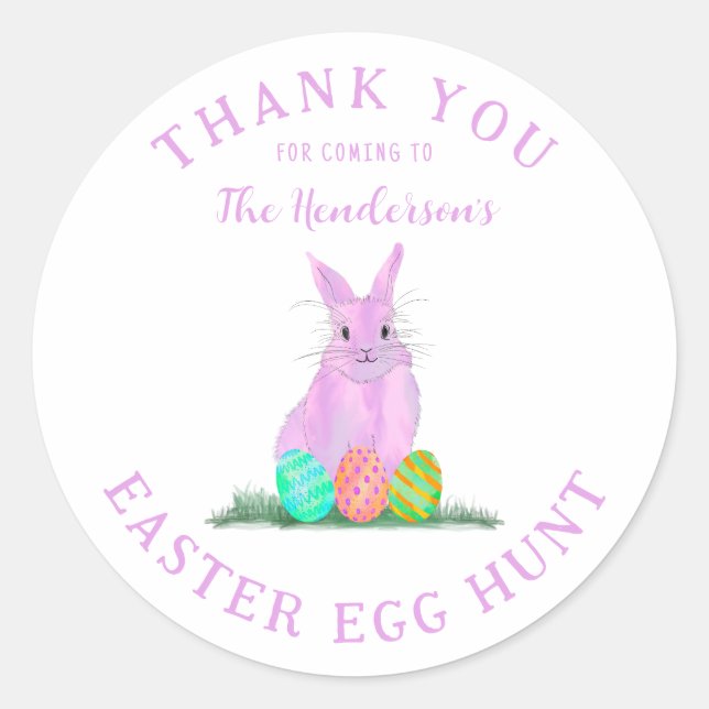 Easter Egg Hunt Pink Bunny Thank You Classic Round Sticker (Front)