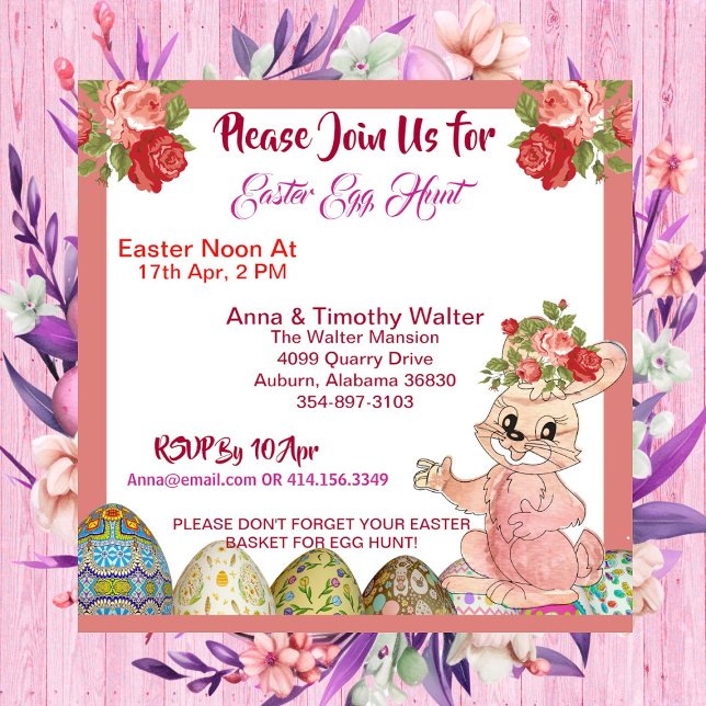 Easter Egg Hunt Rustic Roses Bunny Kid Invitation  (Easter Egg Hunt Rustic Roses Bunny Kid Invitation)