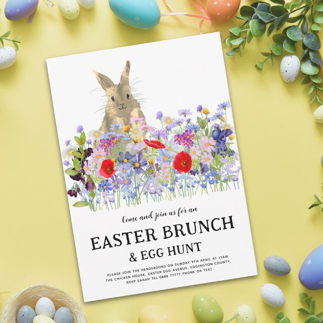 Easter Egg Hunt Spring Brunch Cute Bunny Floral Invitation (Modern easter egg hunt spring brunch cute bunny wildflower floral invitation Colorful vibrant )