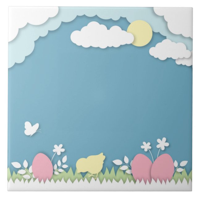 Easter egg hunt, spring holidays papercut nature  ceramic tile (Front)