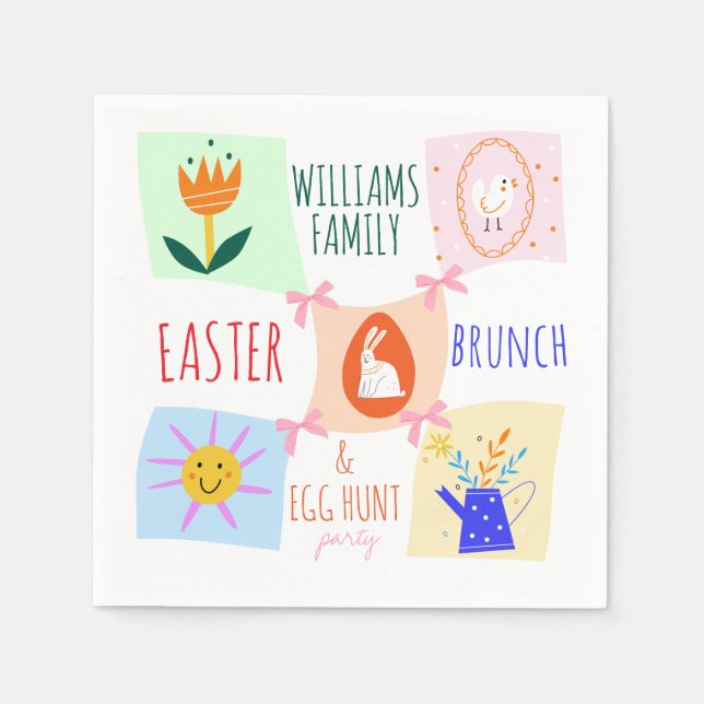 Easter Egg Hunt Wavy Chequerboard Bunny Brunch Bow Napkin (Front)