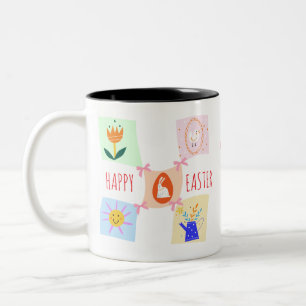 Easter Egg Hunt Wavy Chequerboard Bunny Brunch Bow Two-Tone Coffee Mug