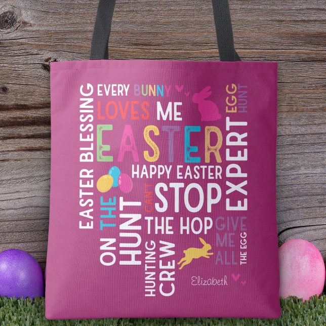 Easter Egg Hunt Word Cloud with Kid Name Year Pink Tote Bag (Creator Uploaded)