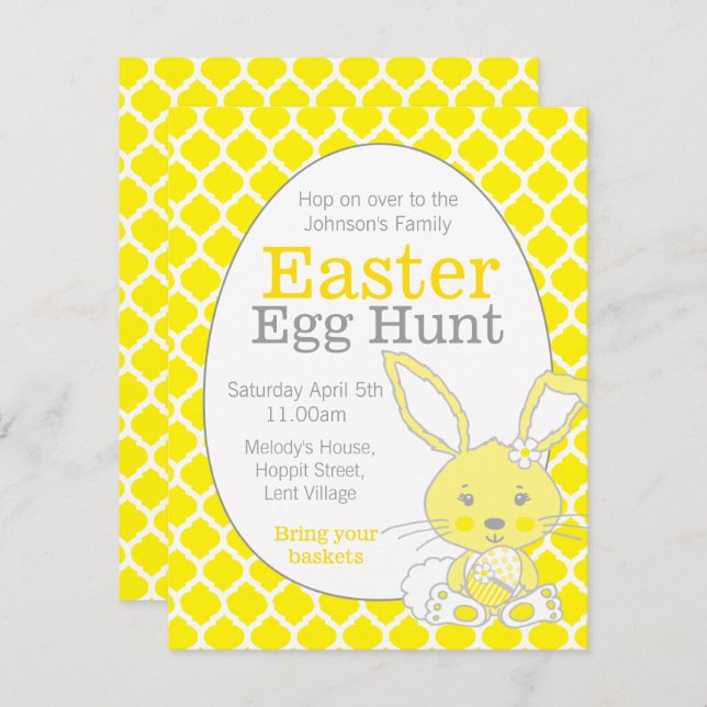 Easter egg hunt yellow grey bunny invitations (Front/Back)