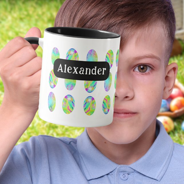 Easter Egg Pattern Personalised Name Mug (Personalized name modern colorful Easter egg hunt spring brunch garden party mug)