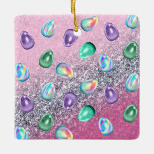 Easter Egg Pink Purple Tie Dye Glitter Glam Ceramic Ornament