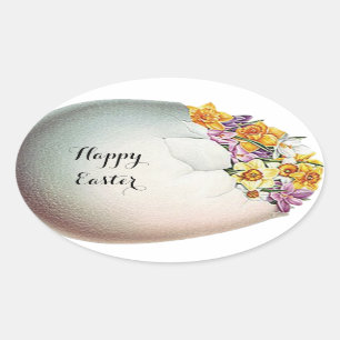 EASTER EGG WITH YELLOW NARCISSUS FLOWERS OVAL STICKER