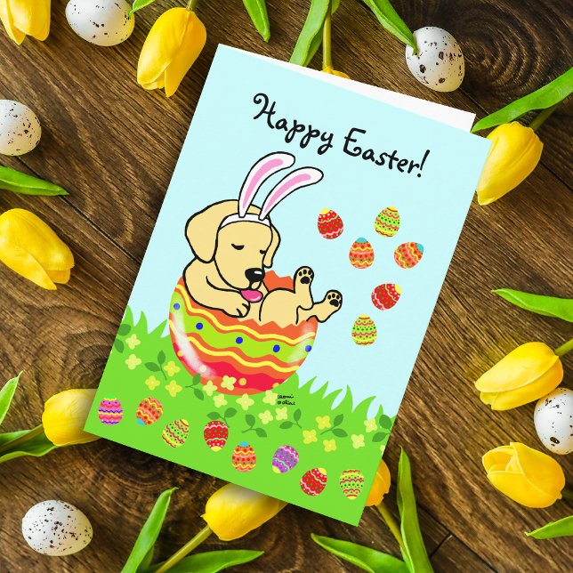 Easter Egg Yellow Labrador Puppy Cartoon Holiday Card (Easter Egg Yellow Labrador Puppy card featuring cute Labrador Cartoon in the colorful Easter egg.)