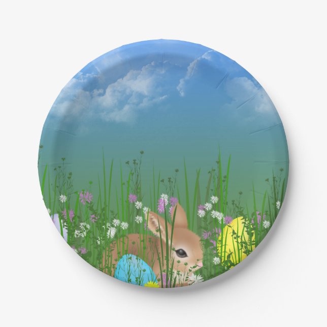 Easter eggs and bunny in grass paper plate (Front)